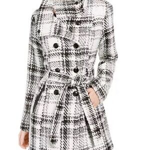 IZ Byer Black & White Plaid Boucle Belted Coat Women’s XS Double Breasted A-Line